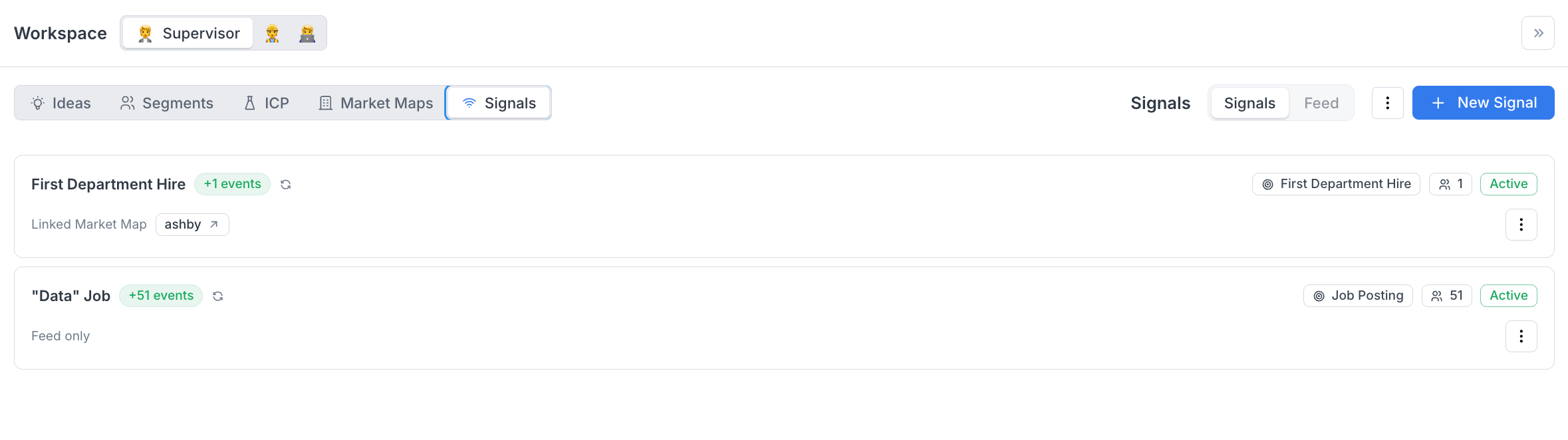 The Signals list showing active signals with event counts