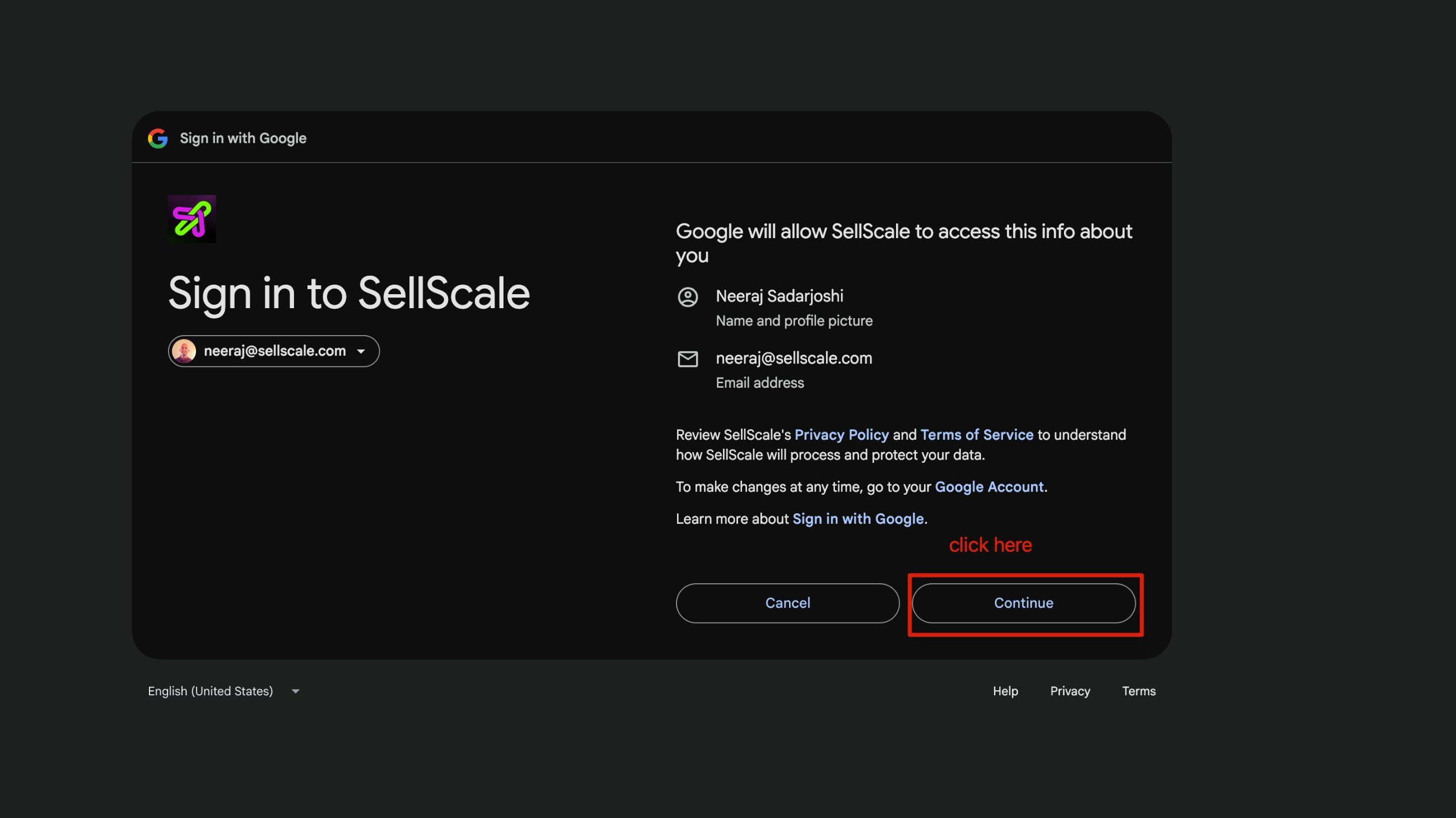 Sign in to SellScale screen with the Continue button
