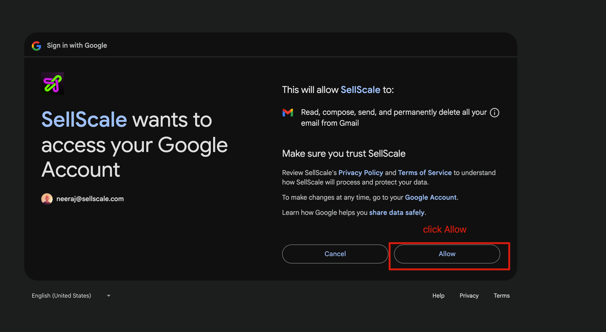 SellScale requesting access to your Google Account with the Allow button