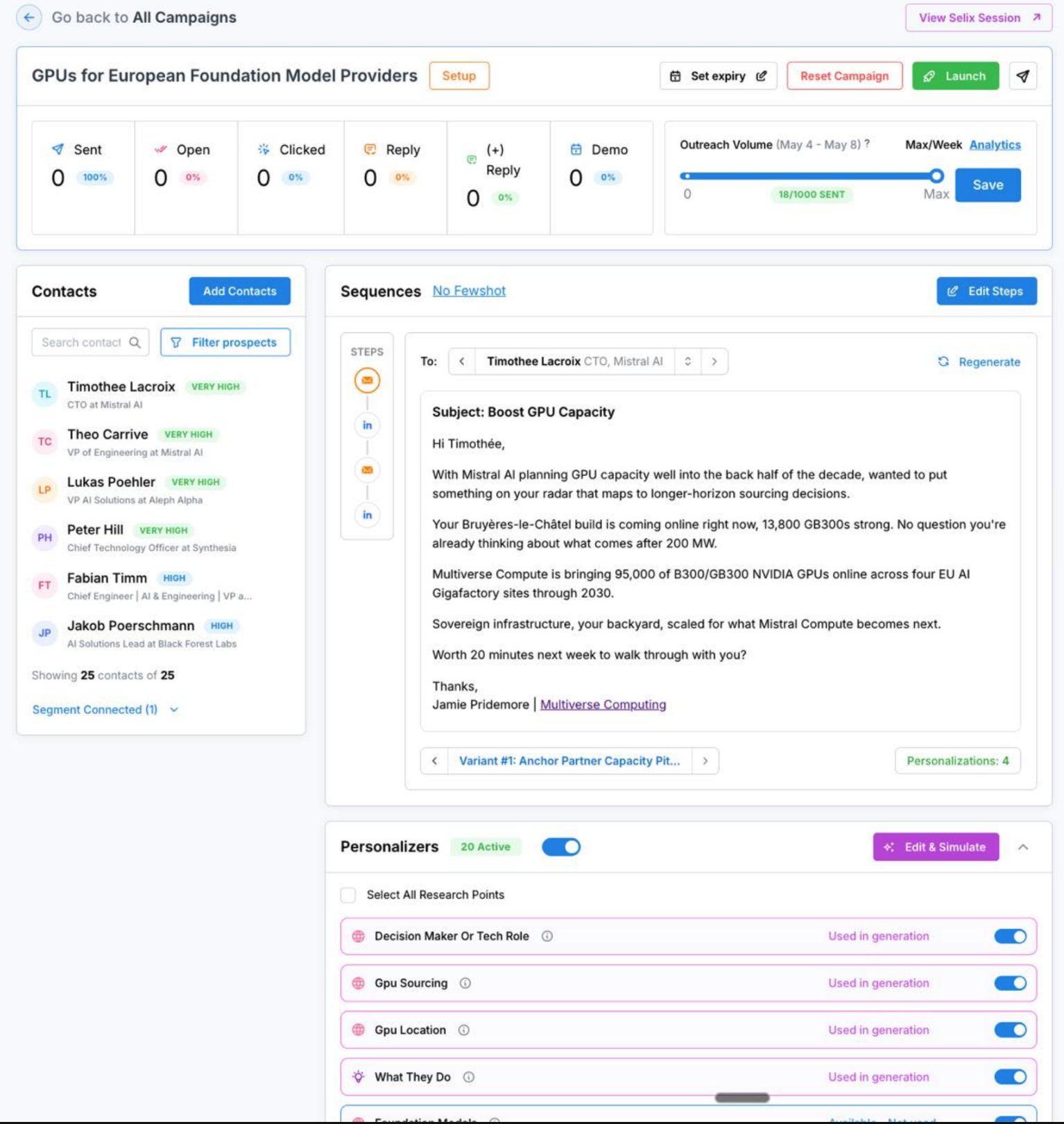 Campaign review overview showing stats, contacts, sequence, and personalizers at a glance