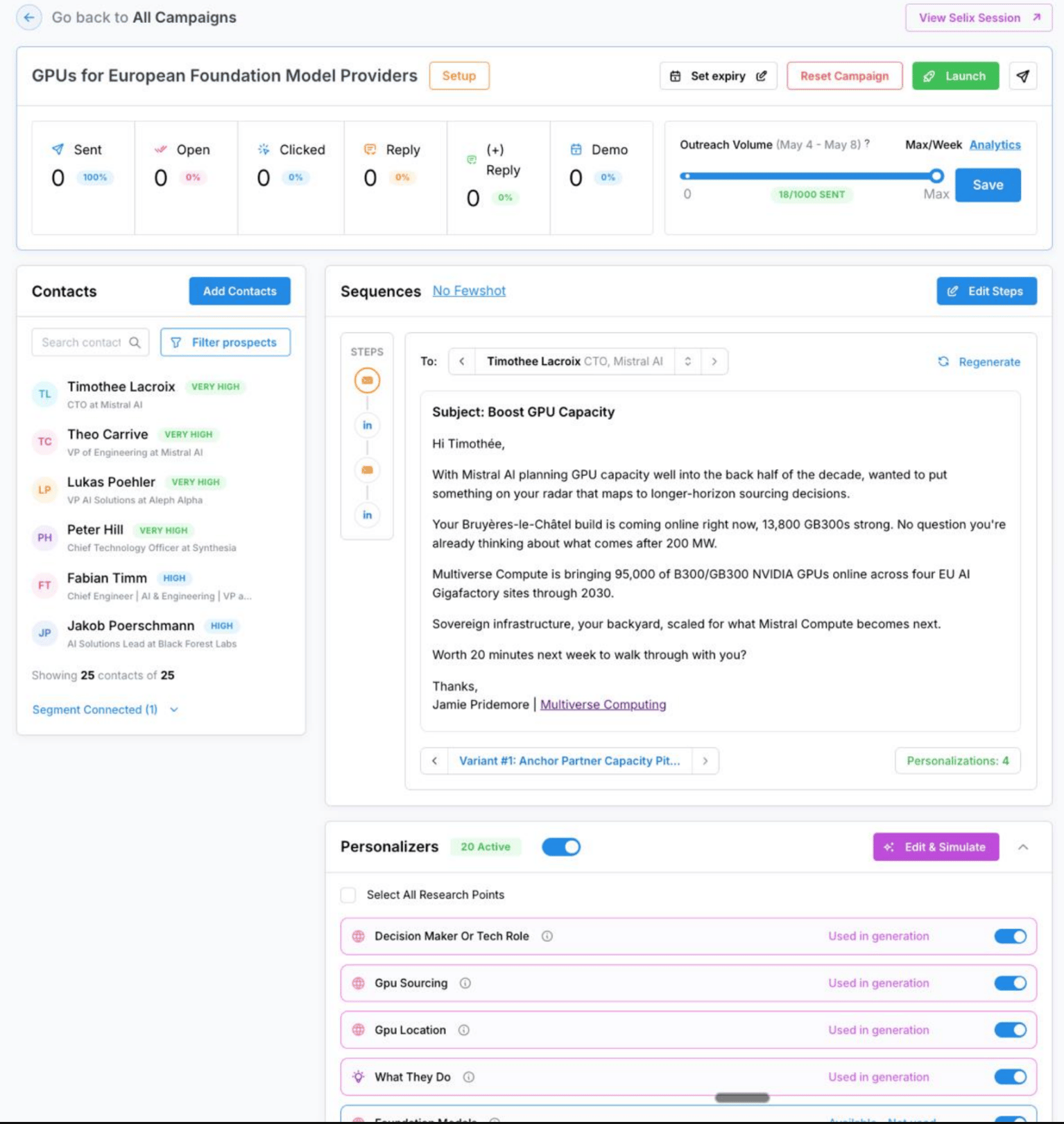 Campaign review overview showing stats, contacts, sequence, and personalizers at a glance