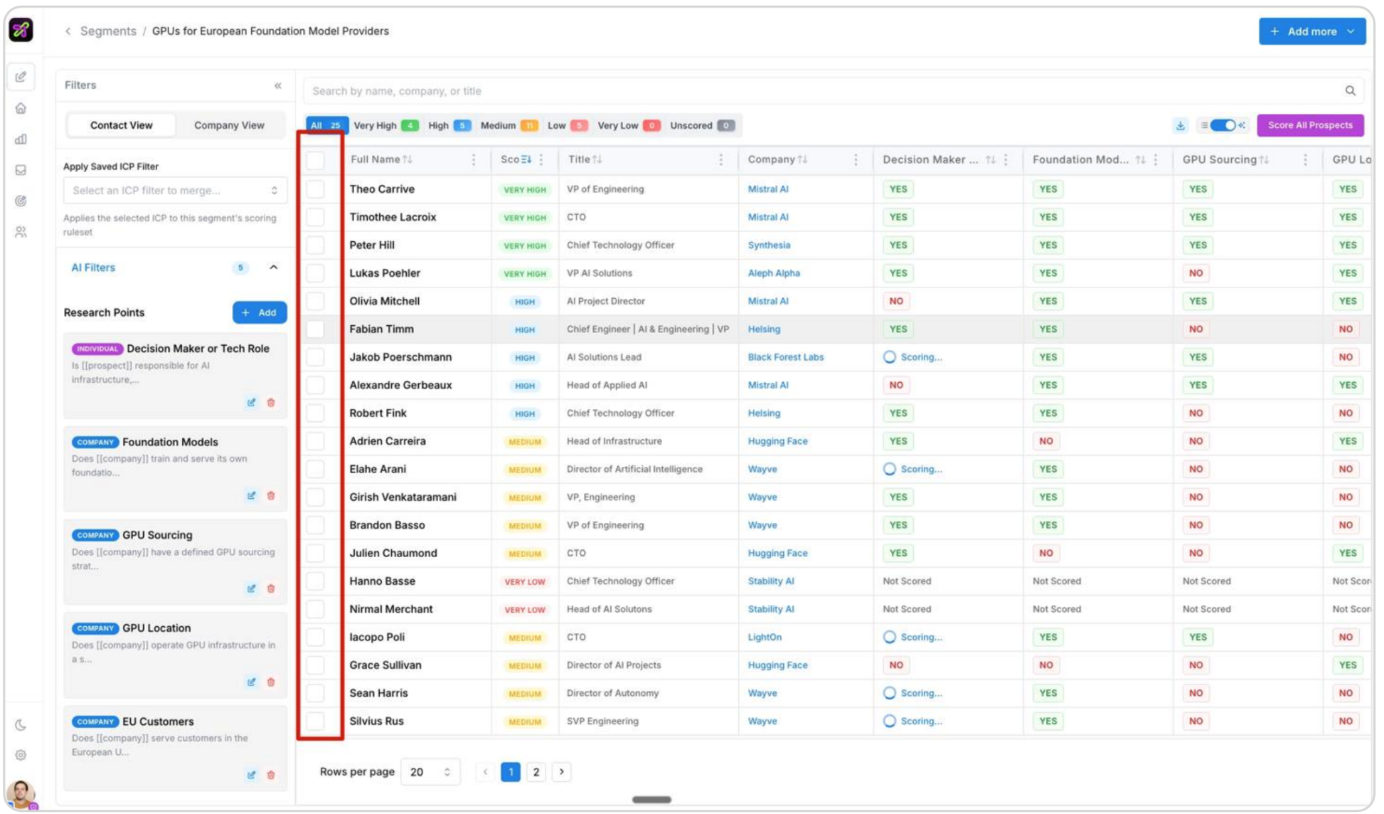 Filter Prospects view showing which research questions are answered for each prospect
