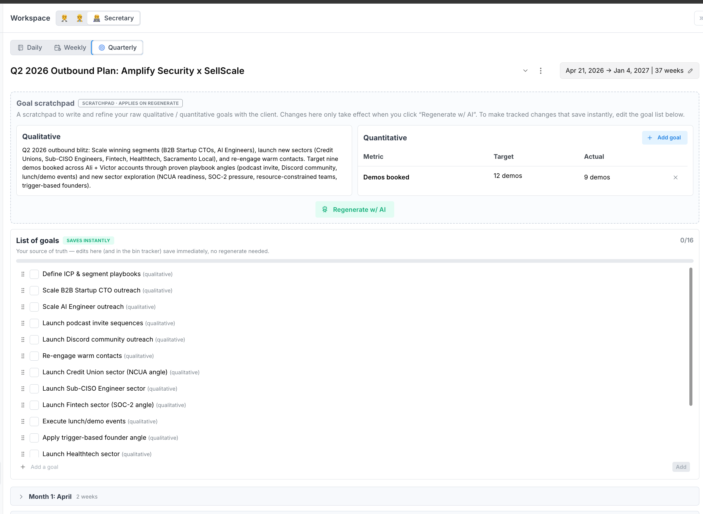 The Quarterly goal with tracked metrics against target