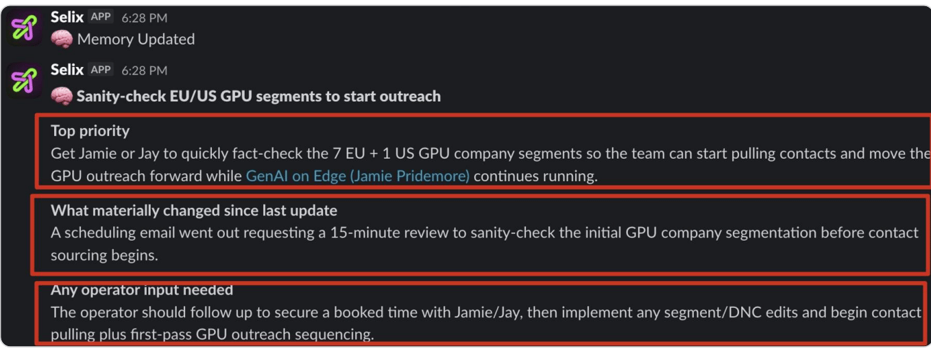 Selix posting a Memory Updated confirmation in Slack after ingesting new information