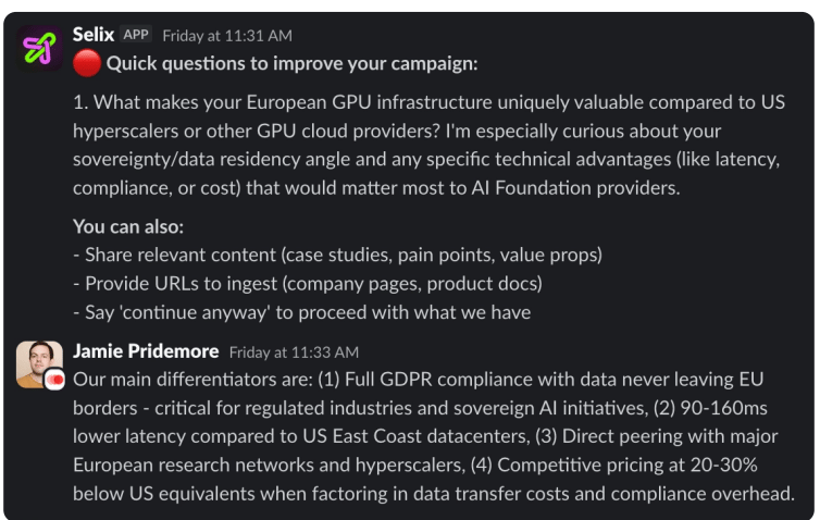 Selix asking clarifying questions in Slack to capture the campaign's key facts