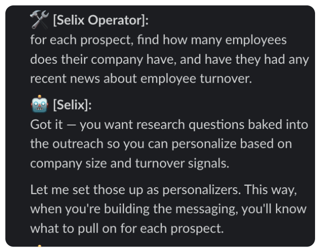 Selix turning a research request into a personalizer in Slack