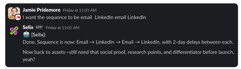 Selix confirming an email and LinkedIn outreach sequence in Slack