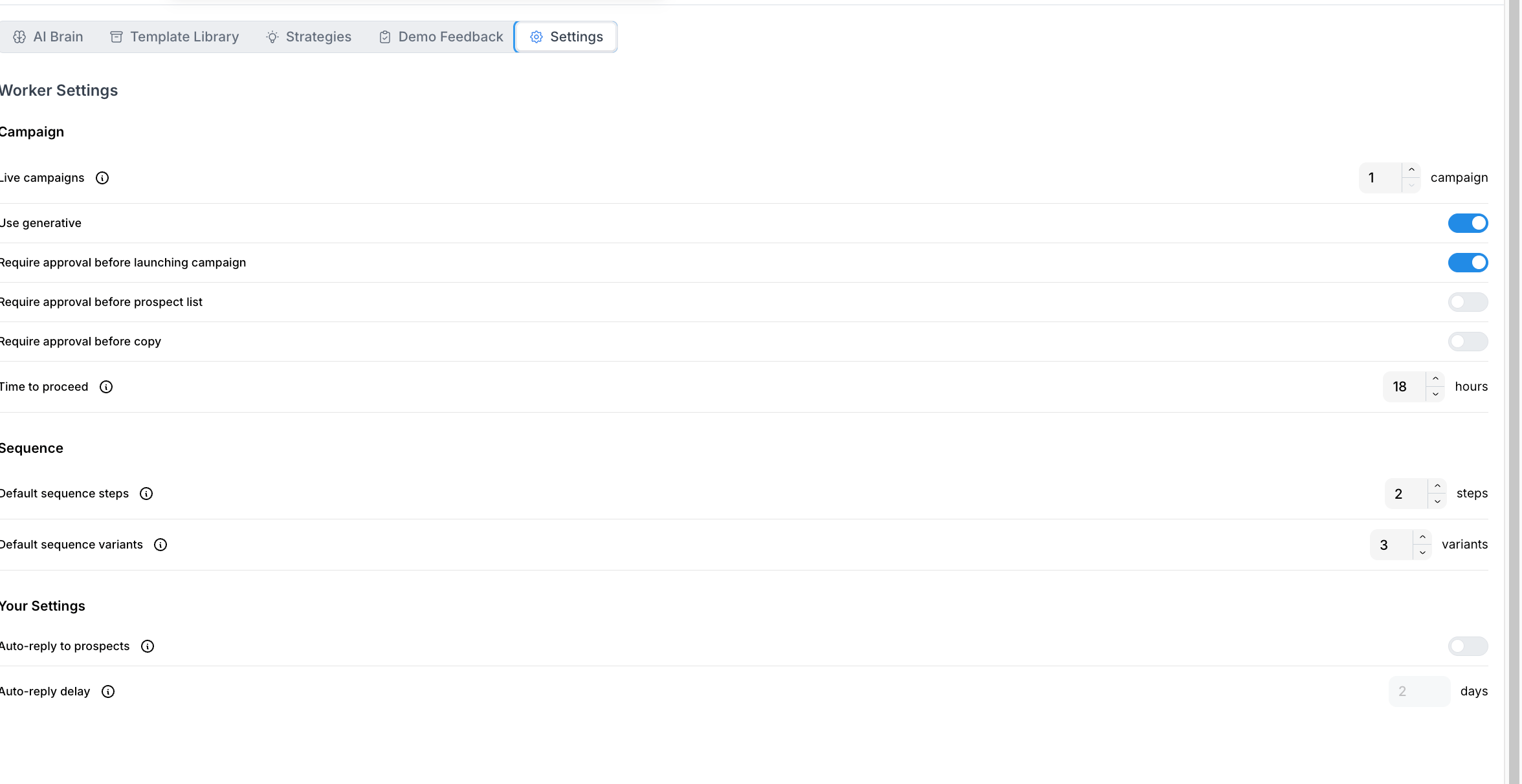 The Live Campaigns view showing a campaign's sequence steps and variant acceptance rates