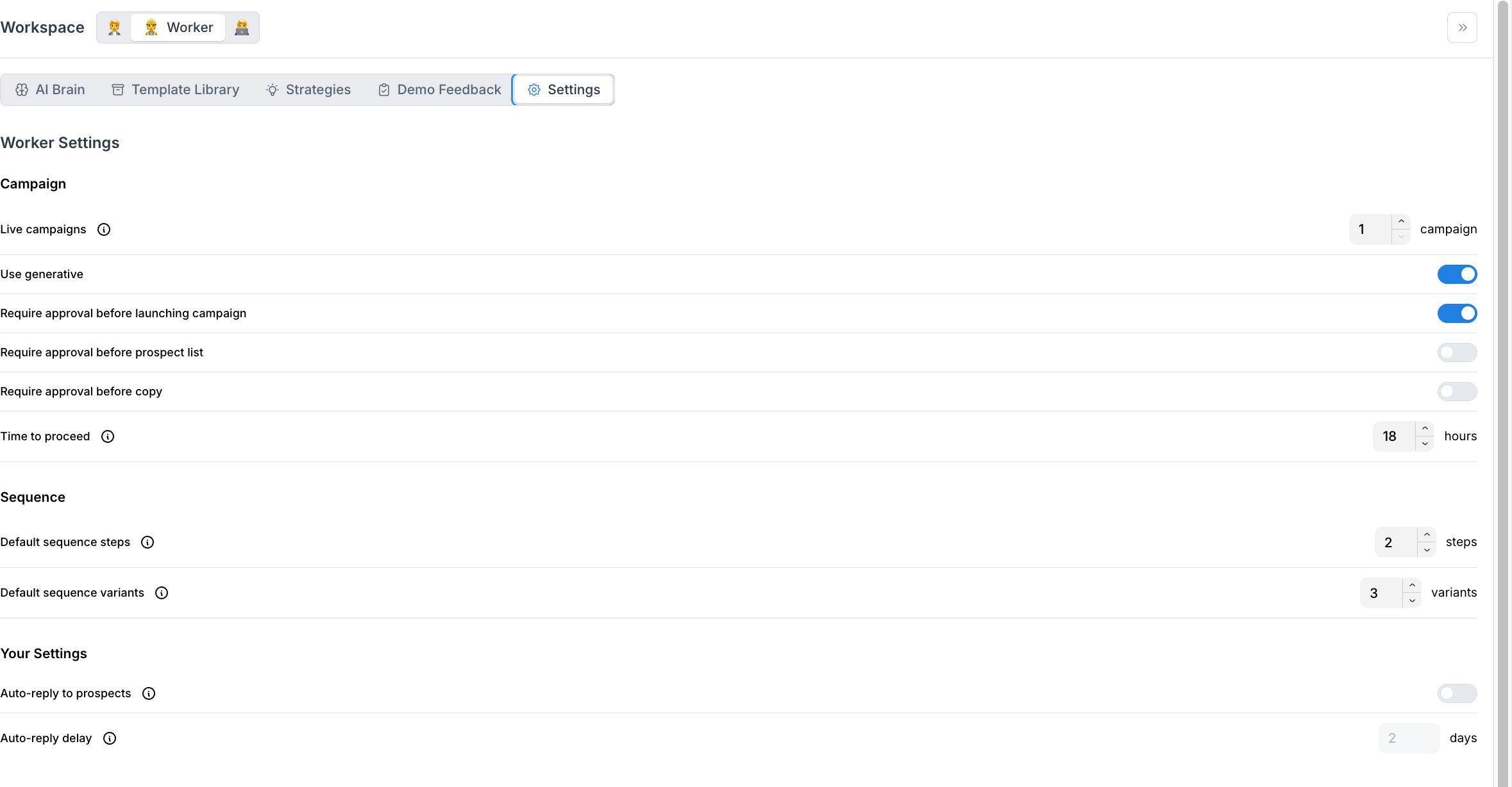 The Worker Settings screen with approval gates and sequence defaults