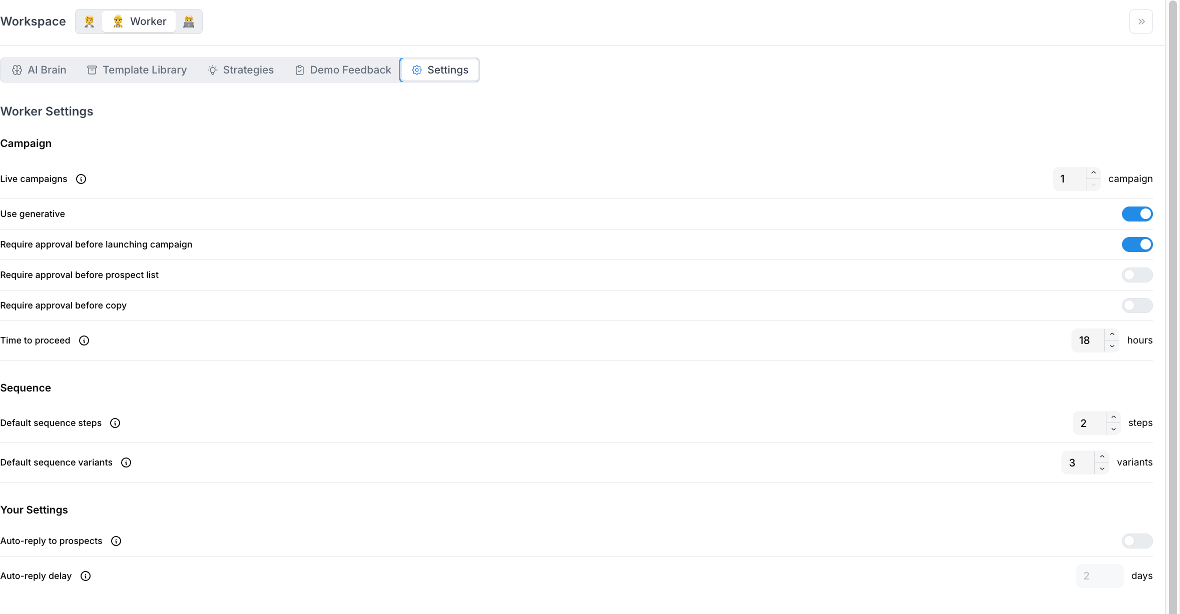 The Worker Settings screen with approval gates and sequence defaults
