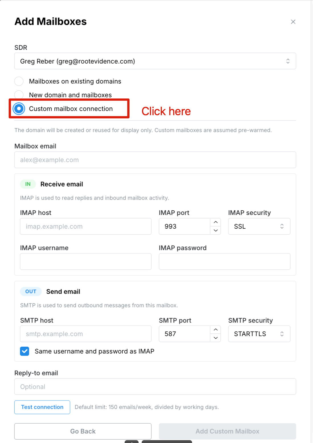 The custom mailbox IMAP and SMTP credential form in Selix