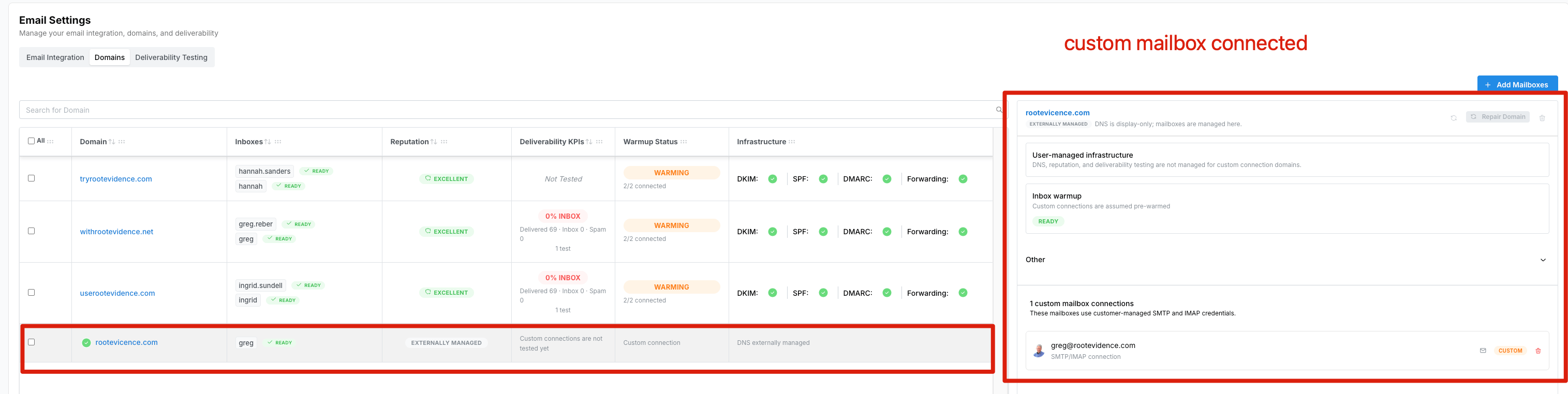 The connected custom mailbox showing under Domains in email settings