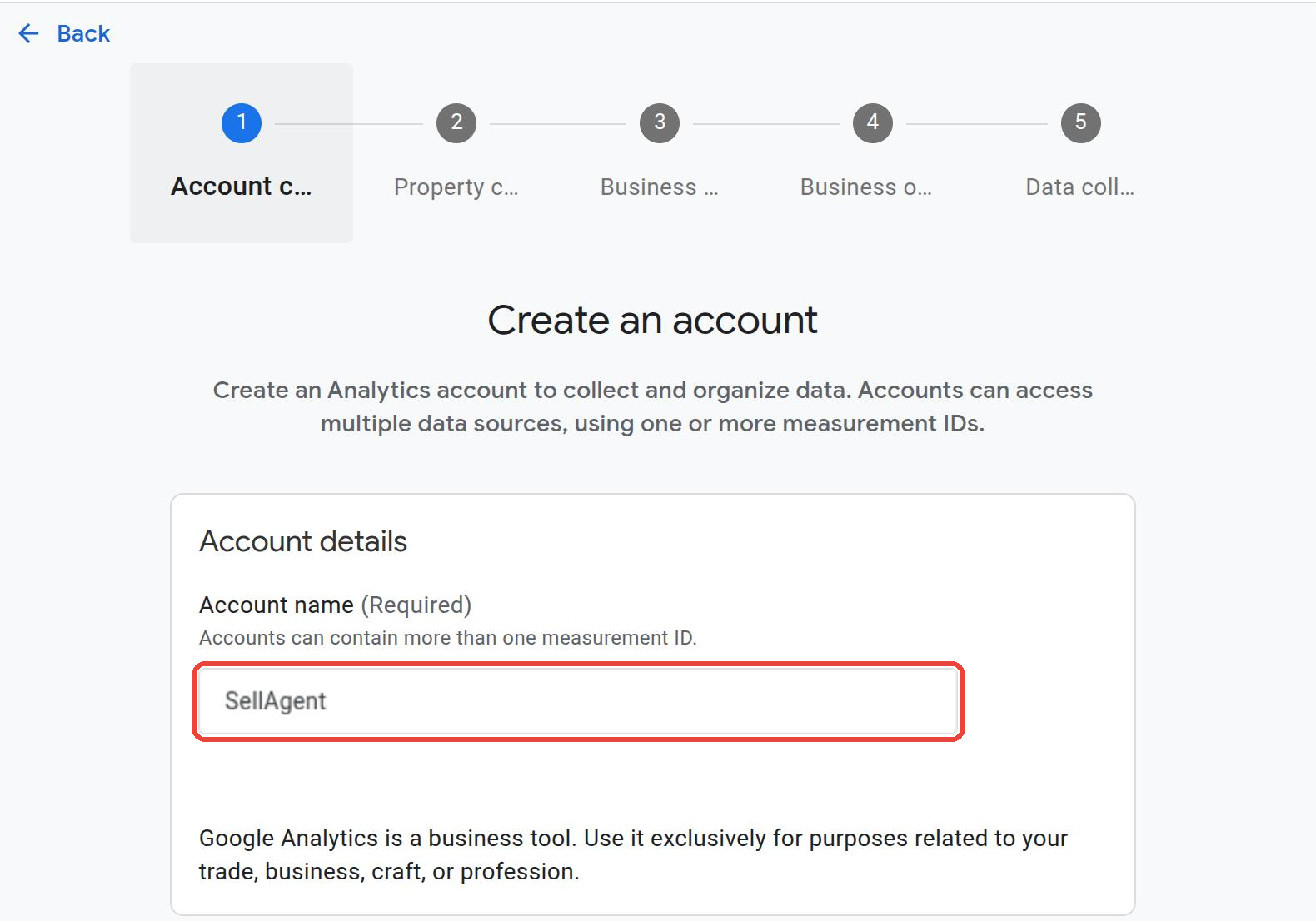 Create an account in Google Analytics with the account name SellAgent
