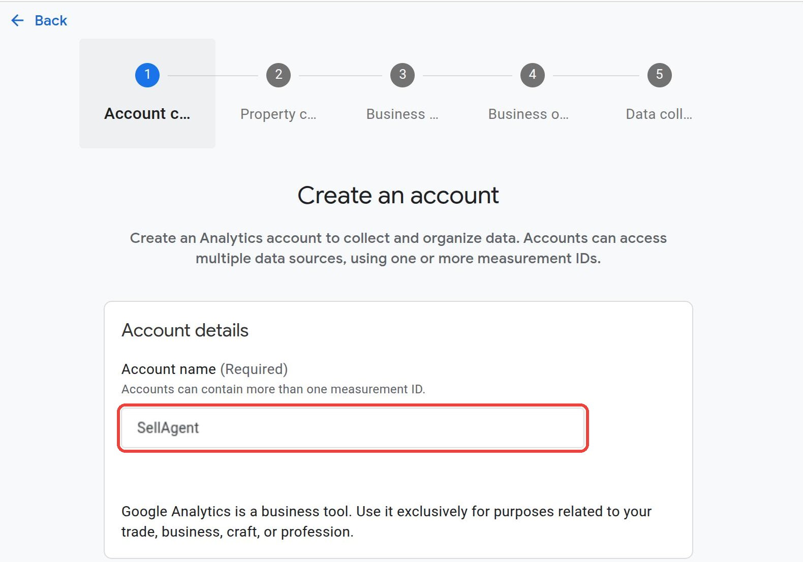 Create an account in Google Analytics with the account name SellAgent