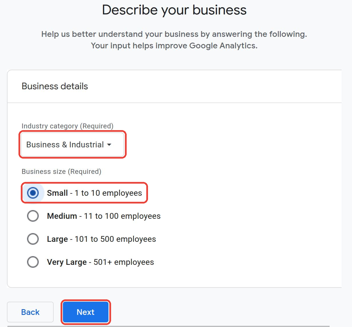 Describe your business: industry category and business size