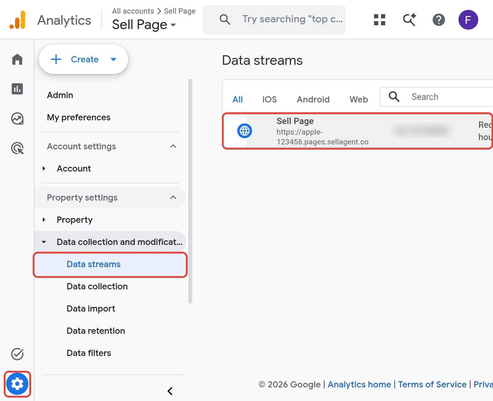 Admin, Data streams, and your web stream in Google Analytics