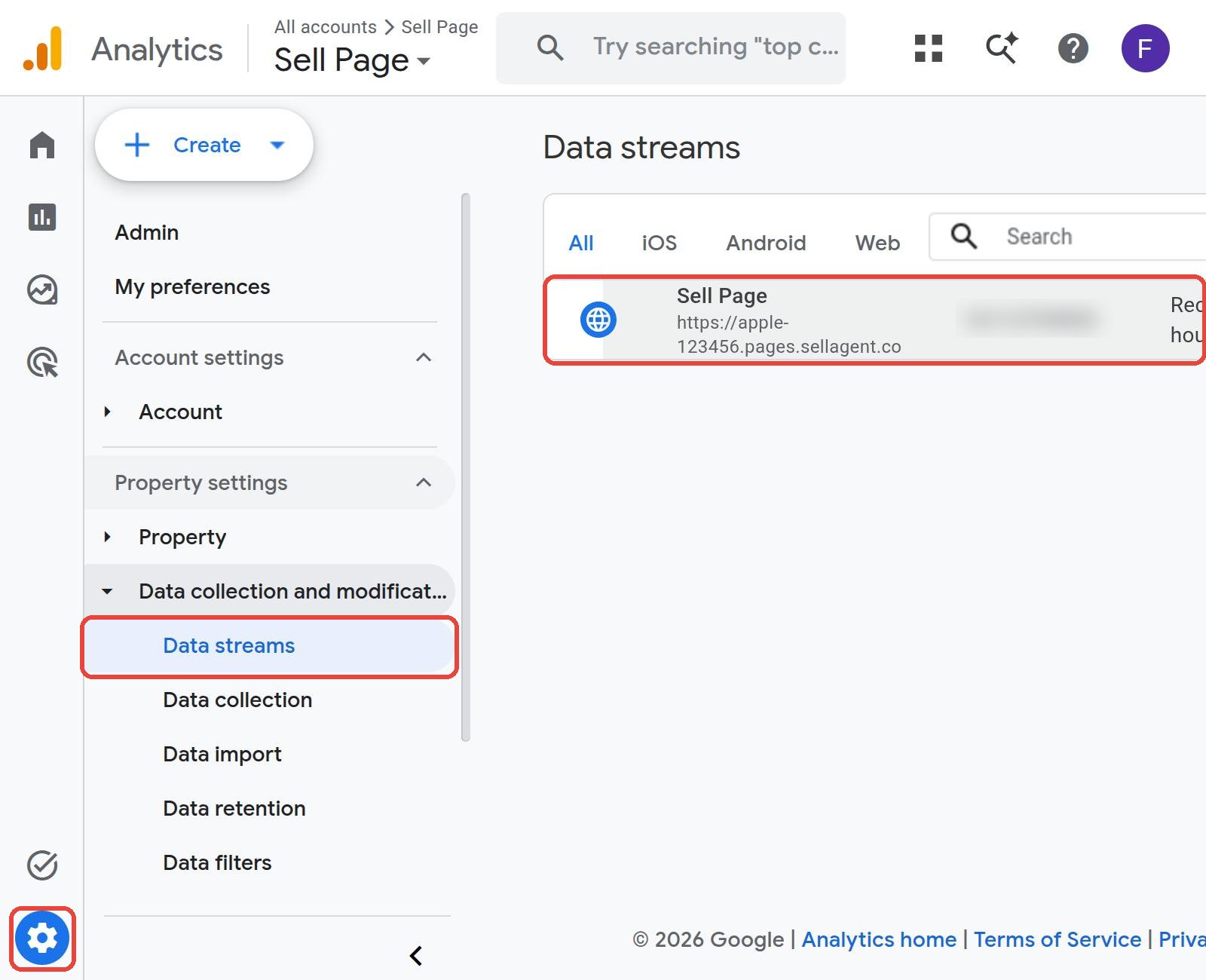 Admin, Data streams, and your web stream in Google Analytics
