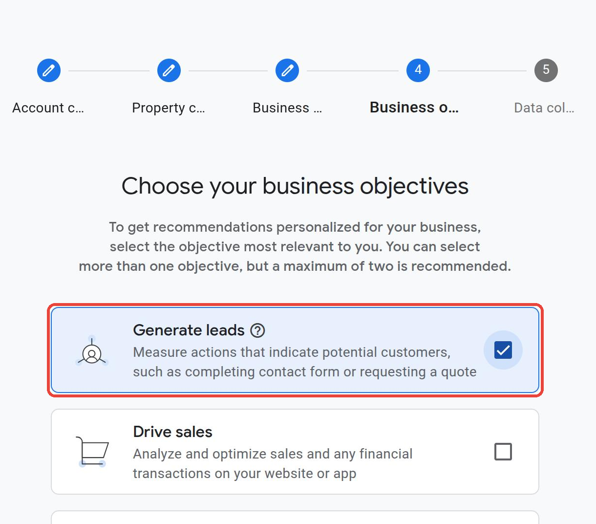 Choose your business objectives with Generate leads ticked