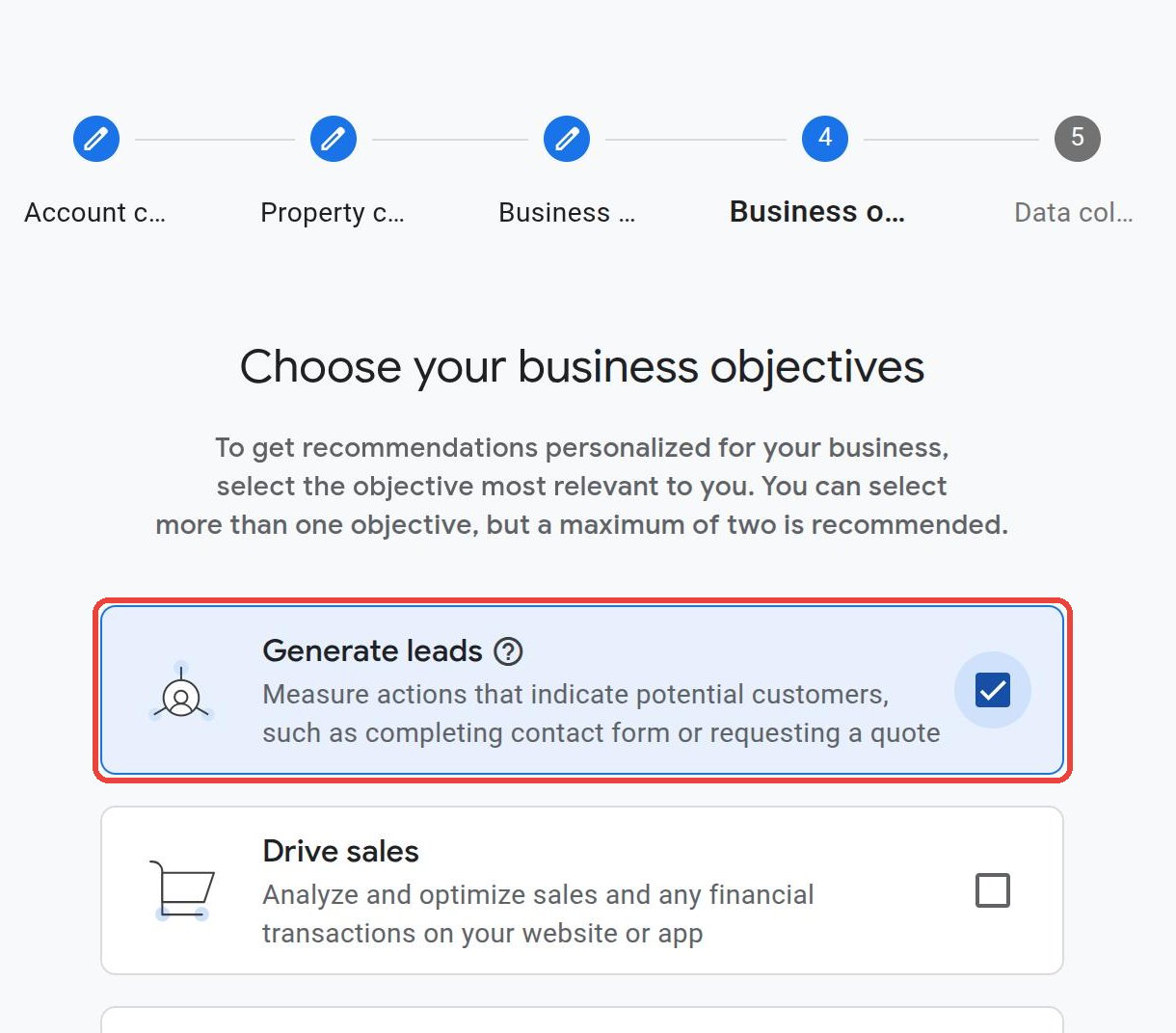 Choose your business objectives with Generate leads ticked