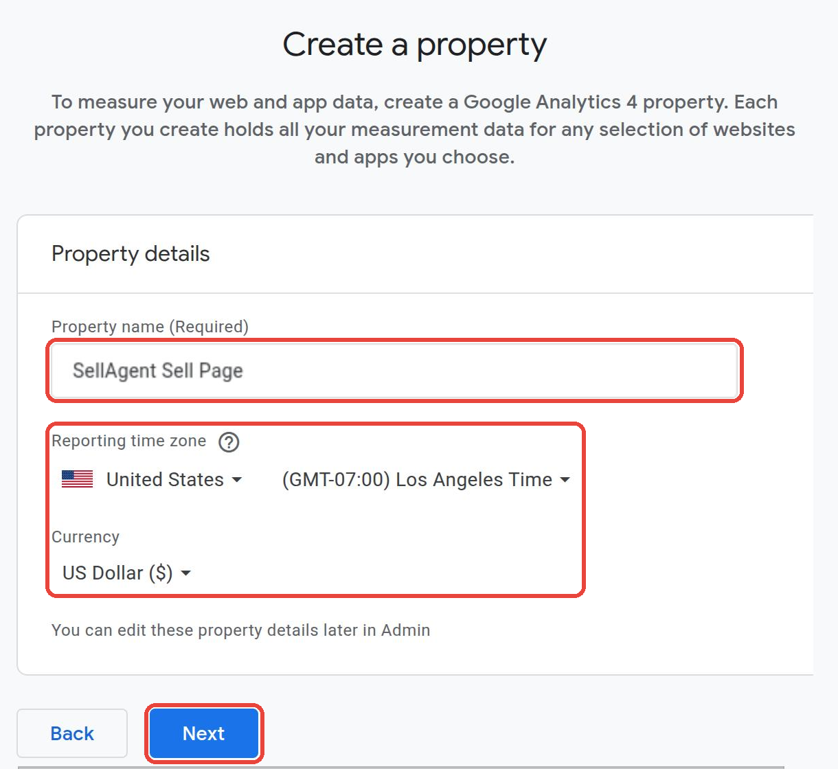 Create a property in Google Analytics with the property name SellAgent Sell Page