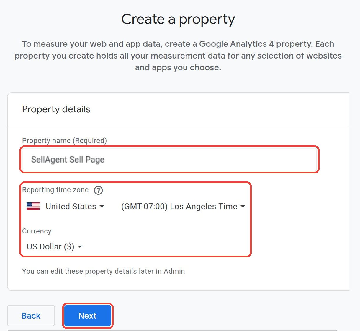 Create a property in Google Analytics with the property name SellAgent Sell Page