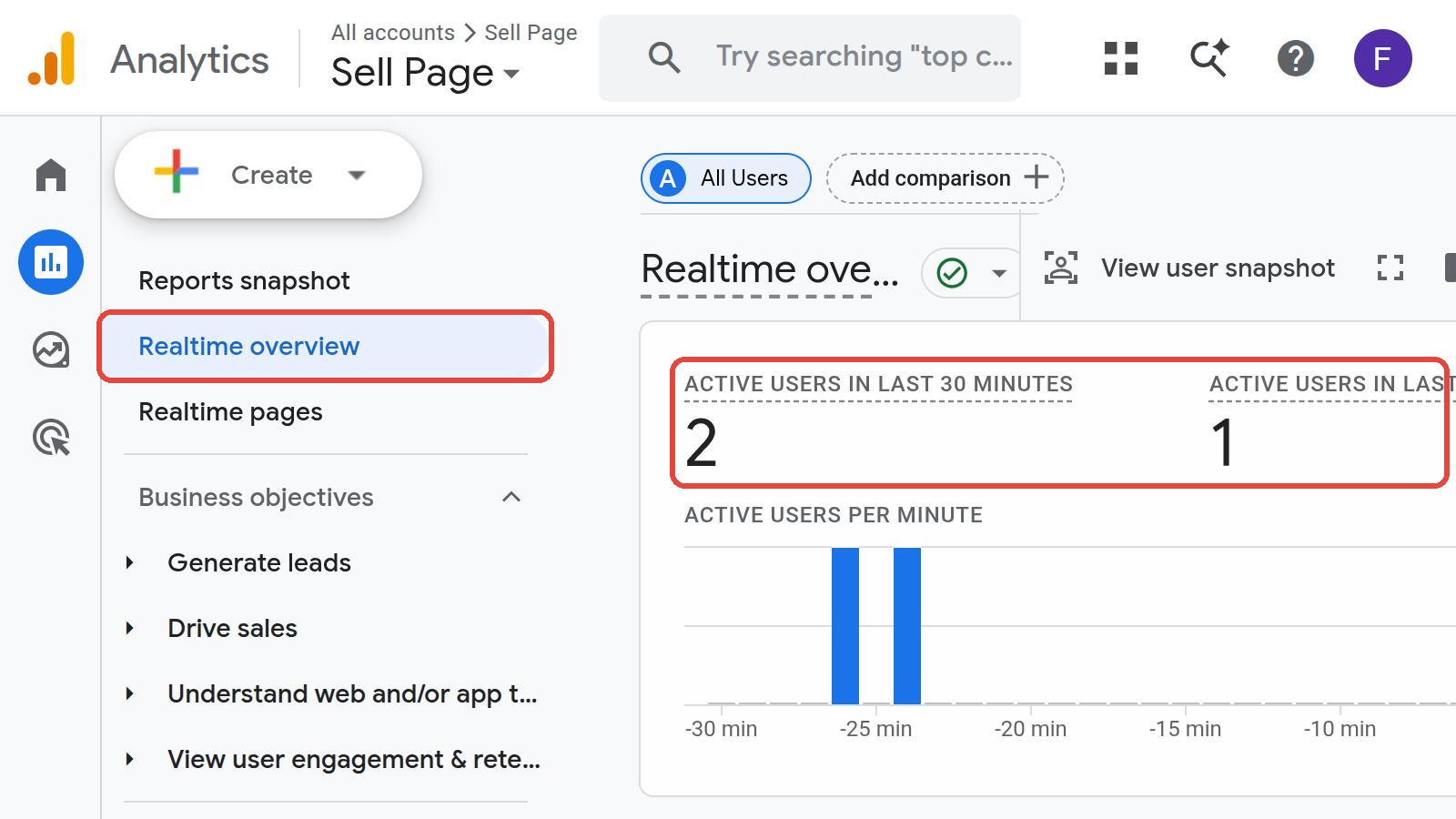 Active users in the last 30 minutes in Google Analytics
