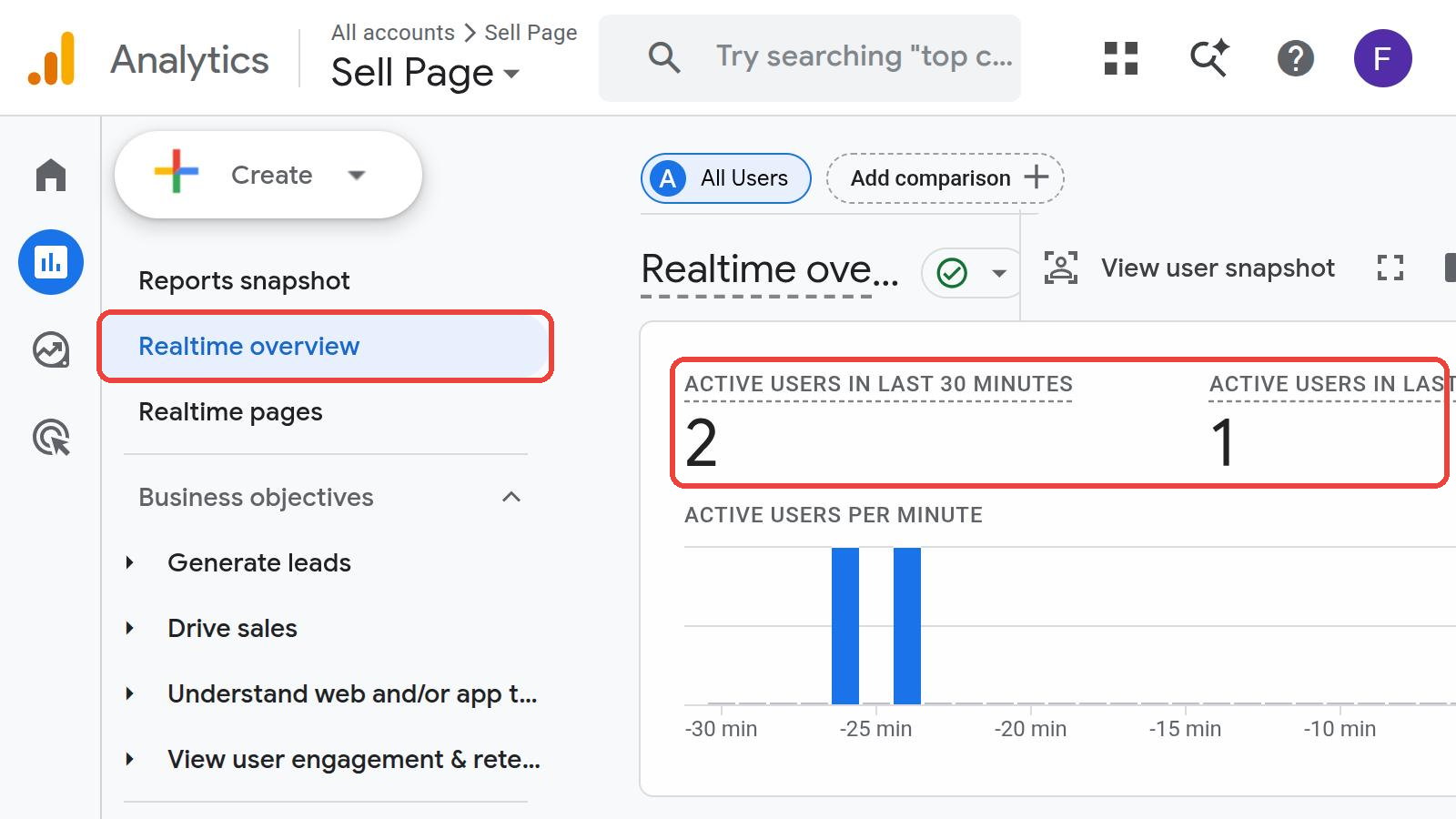 Active users in the last 30 minutes in Google Analytics