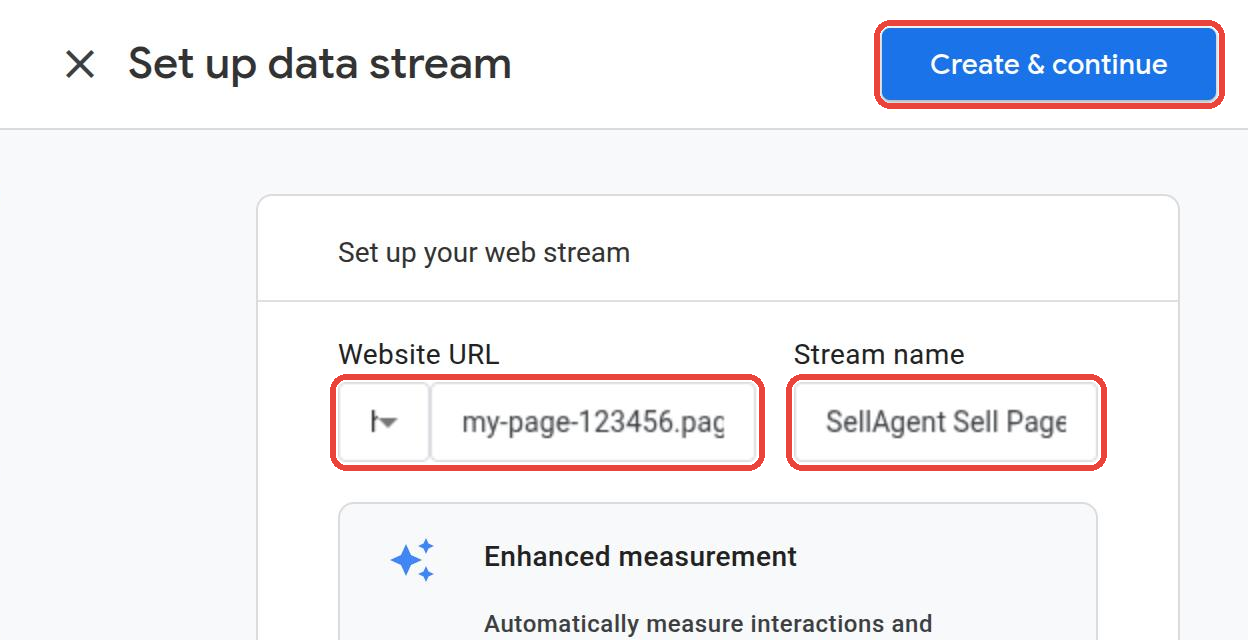Set up a web stream with the website URL and stream name SellAgent Sell Page