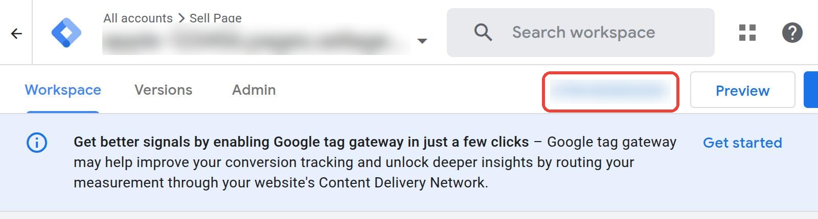 The Container ID starting with GTM- at the top of Google Tag Manager