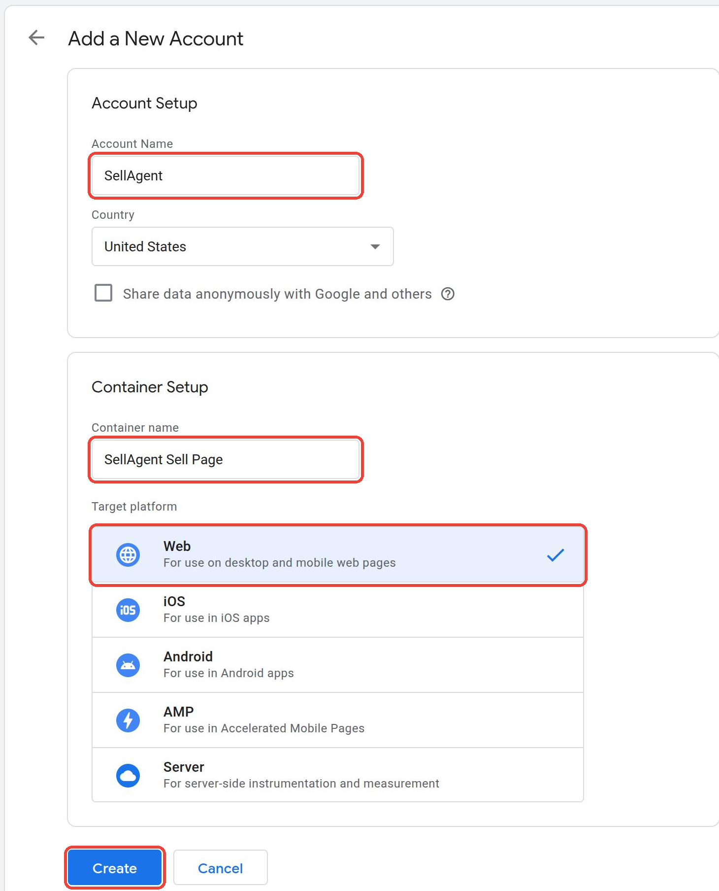 Add a New Account form with account name SellAgent, container name SellAgent Sell Page and Web selected