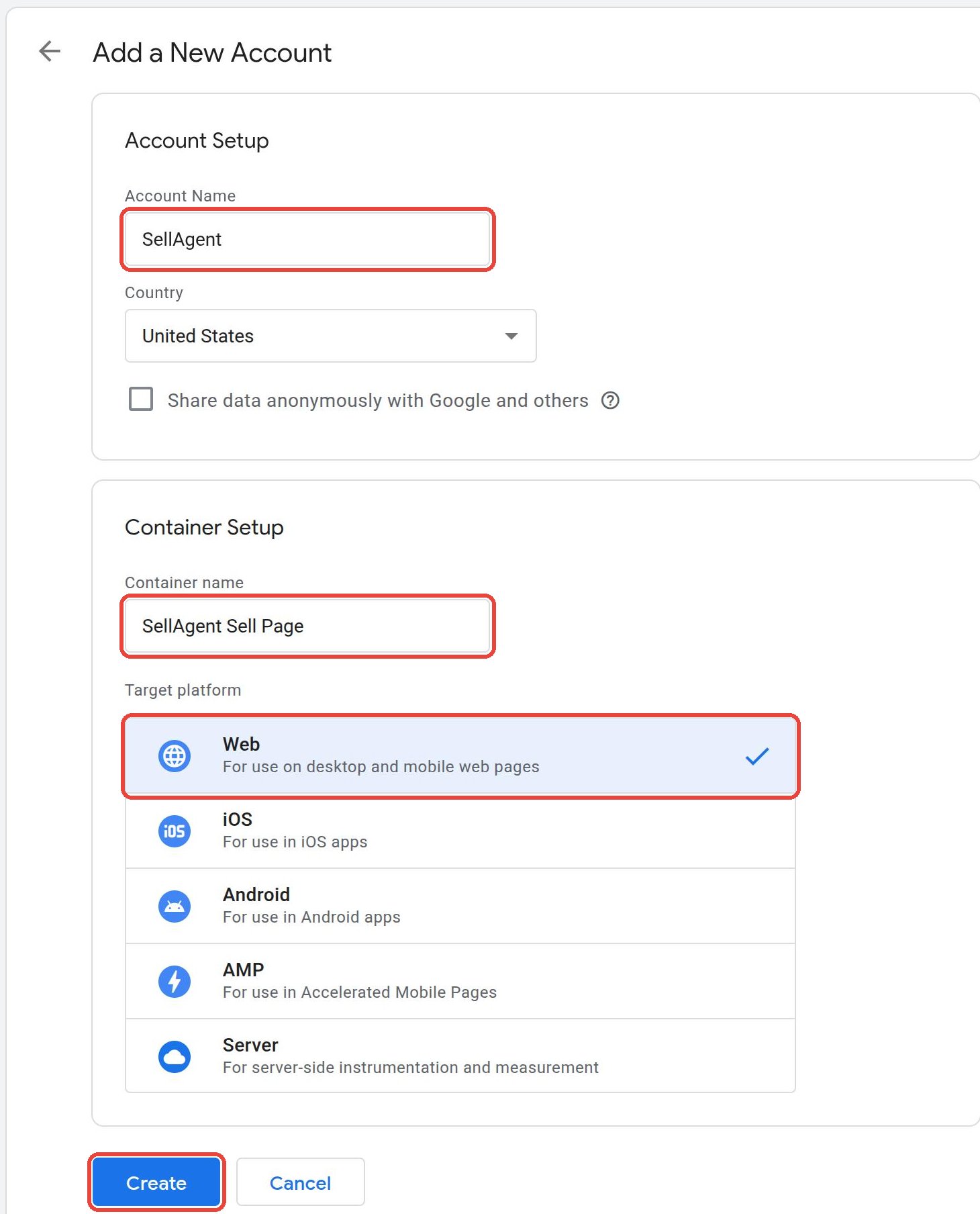 Add a New Account form with account name SellAgent, container name SellAgent Sell Page and Web selected