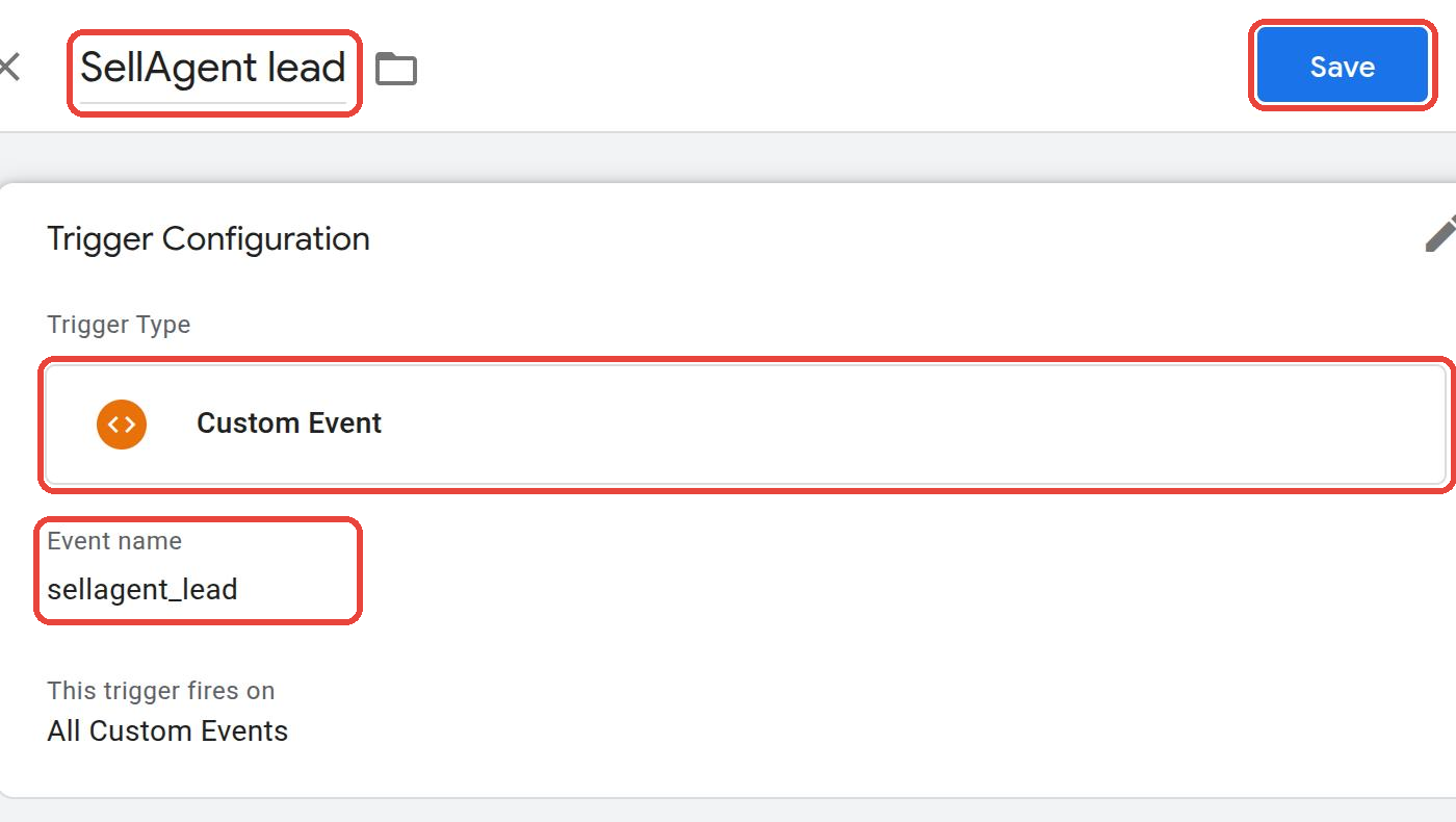 A Custom Event trigger named SellAgent lead with the event name sellagent_lead