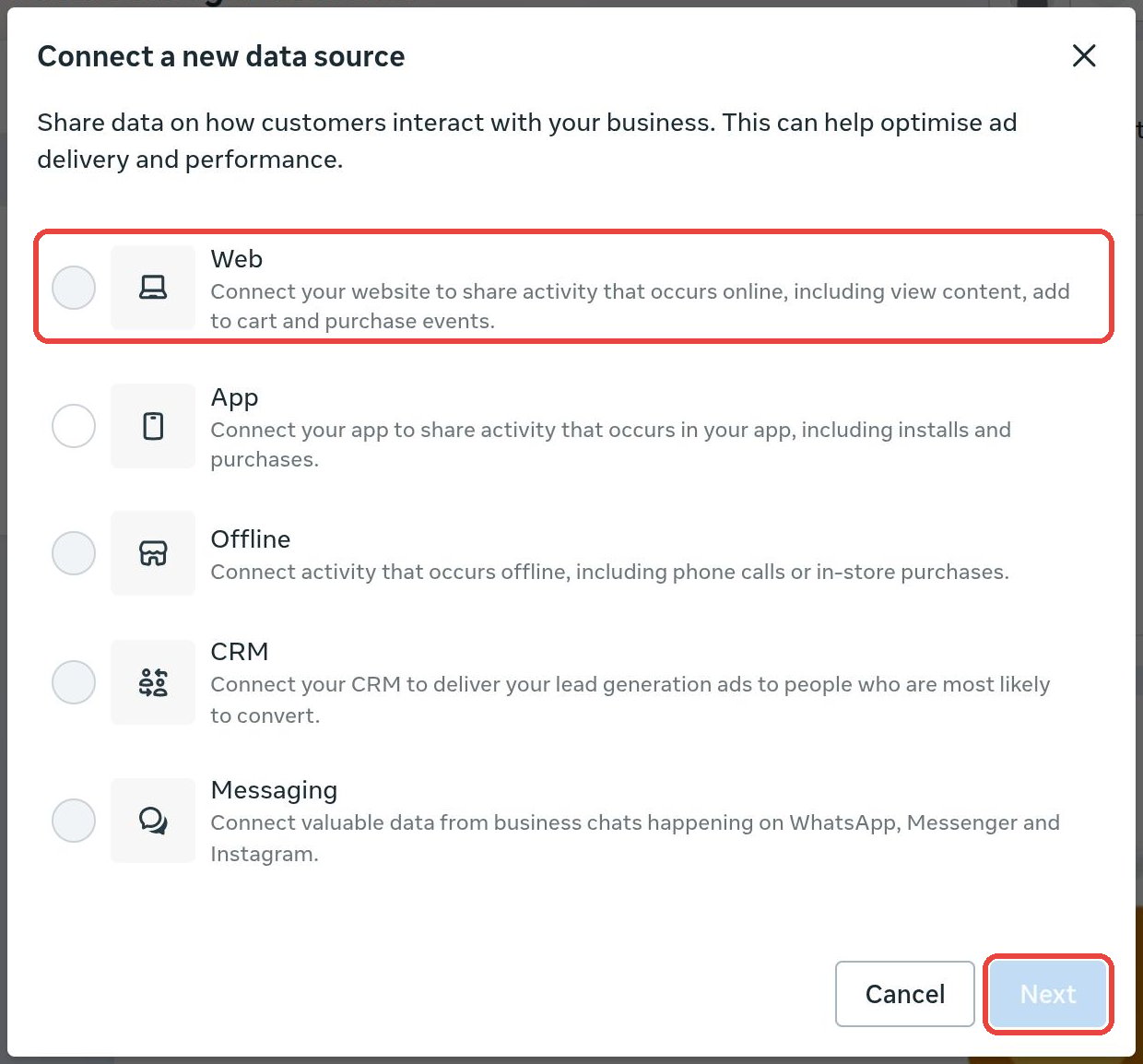 Connect a new data source window in Meta with Web selected