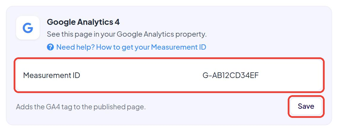 The Google Analytics 4 card in SellAgent with the Measurement ID field and Save button