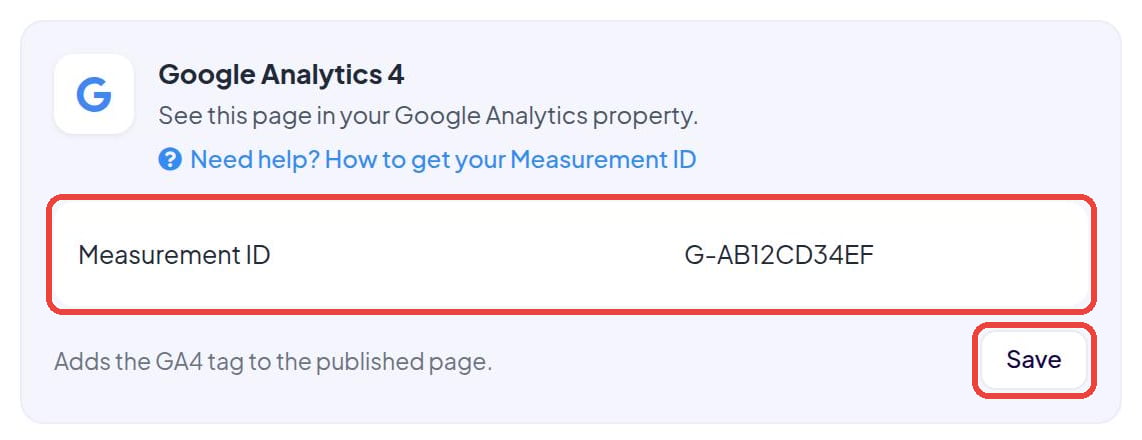 The Google Analytics 4 card in SellAgent with the Measurement ID field and Save button