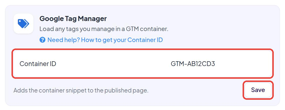 The Google Tag Manager card in SellAgent with the Container ID field and Save button