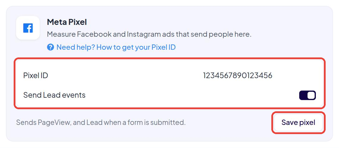 The Meta Pixel card in SellAgent with the Pixel ID field and Save pixel button
