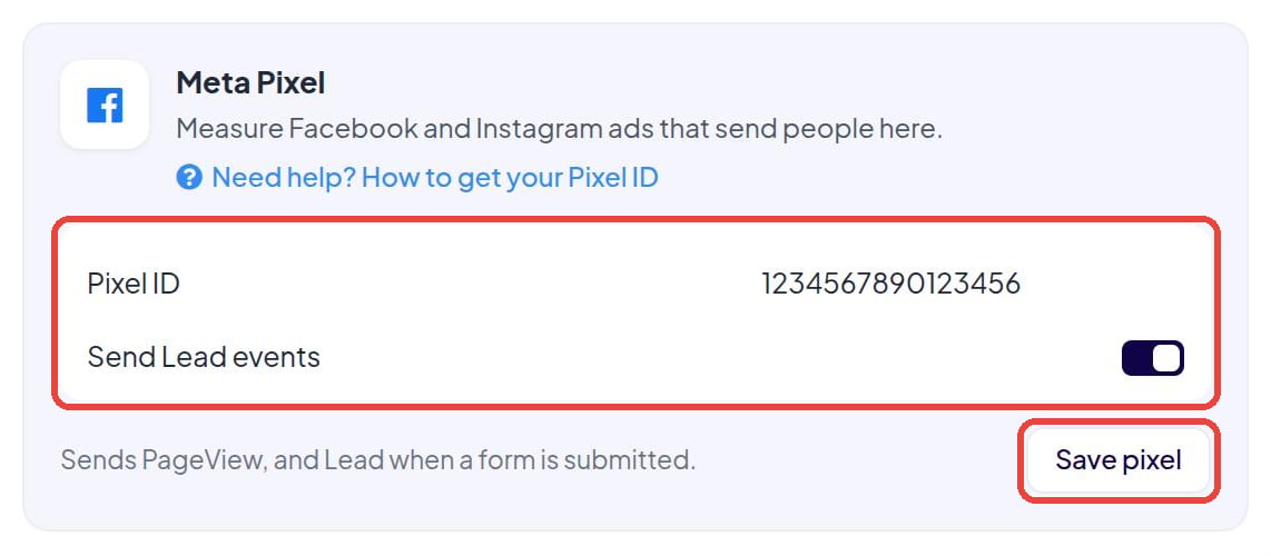 The Meta Pixel card in SellAgent with the Pixel ID field and Save pixel button