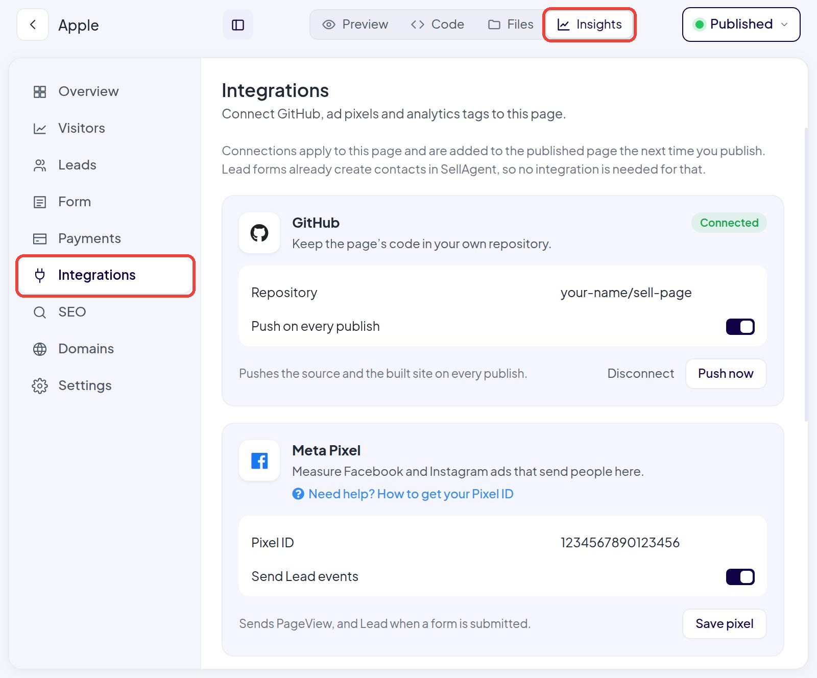 Insights and Integrations in the Sell Page builder