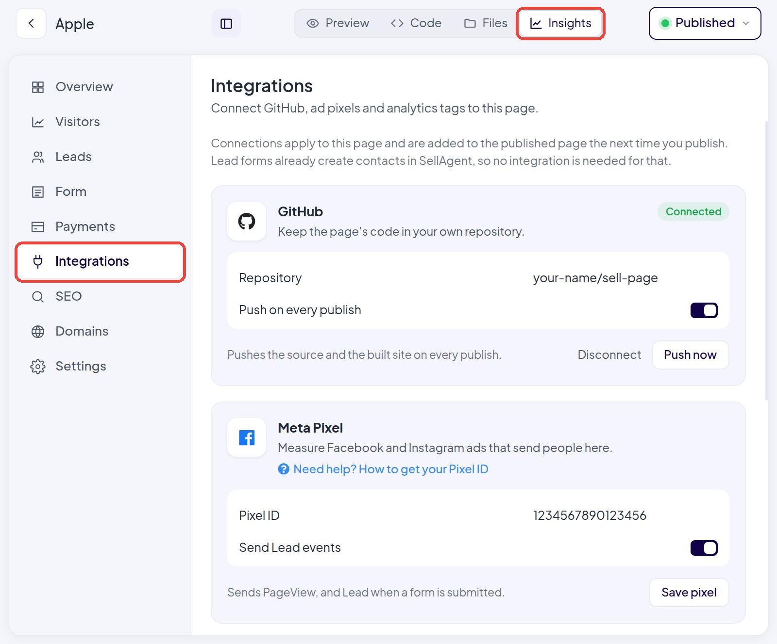 Insights and Integrations in the Sell Page builder
