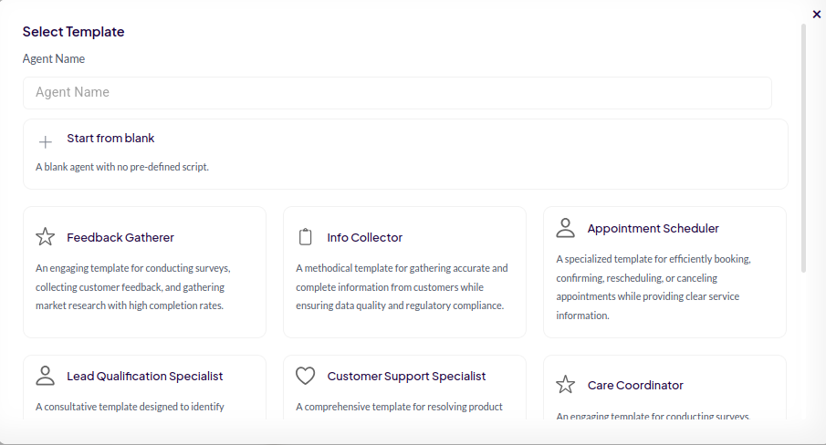 Agent template selection screen