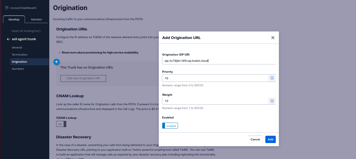Origination Settings