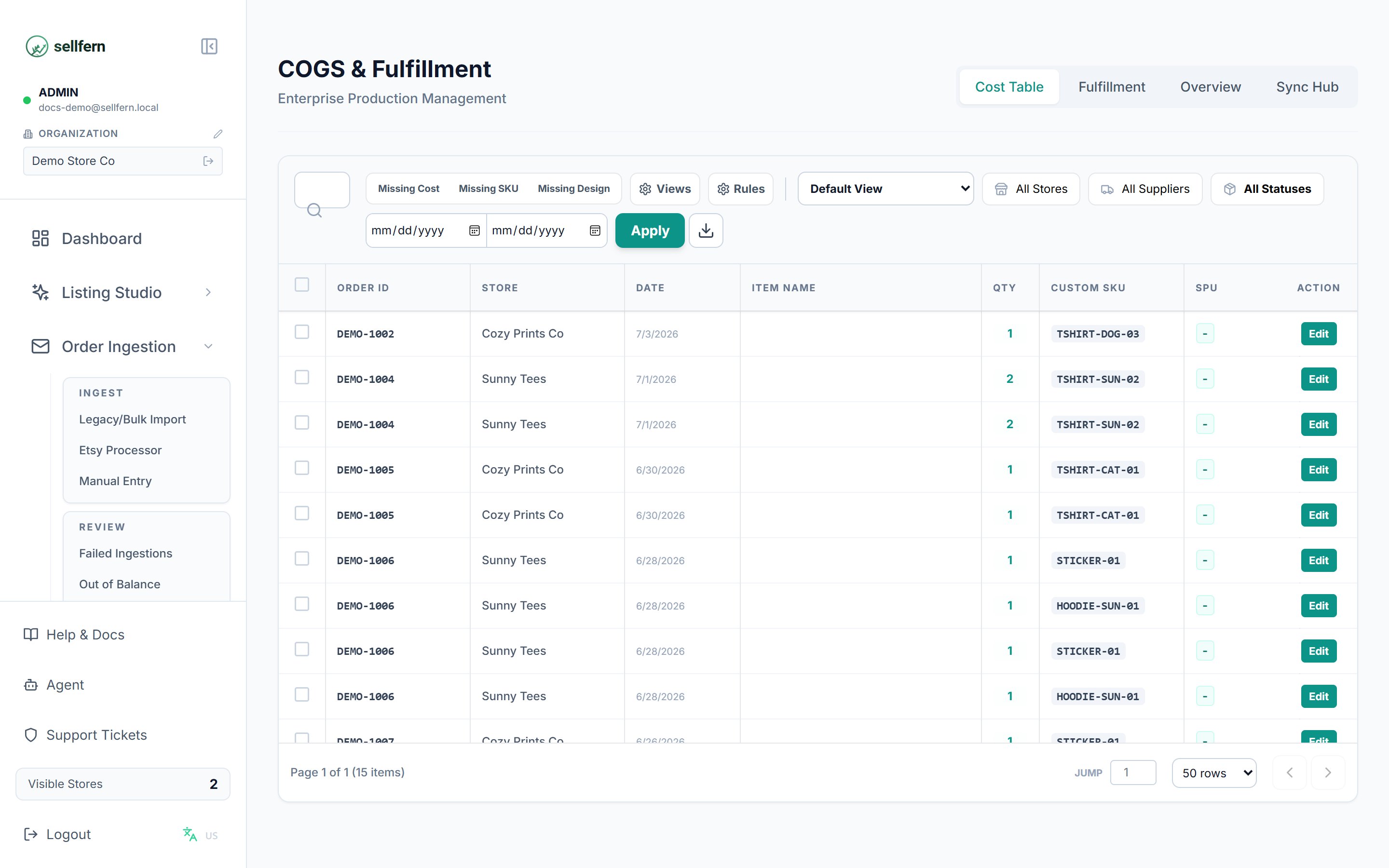 COGS & Fulfillment — Cost Table tab