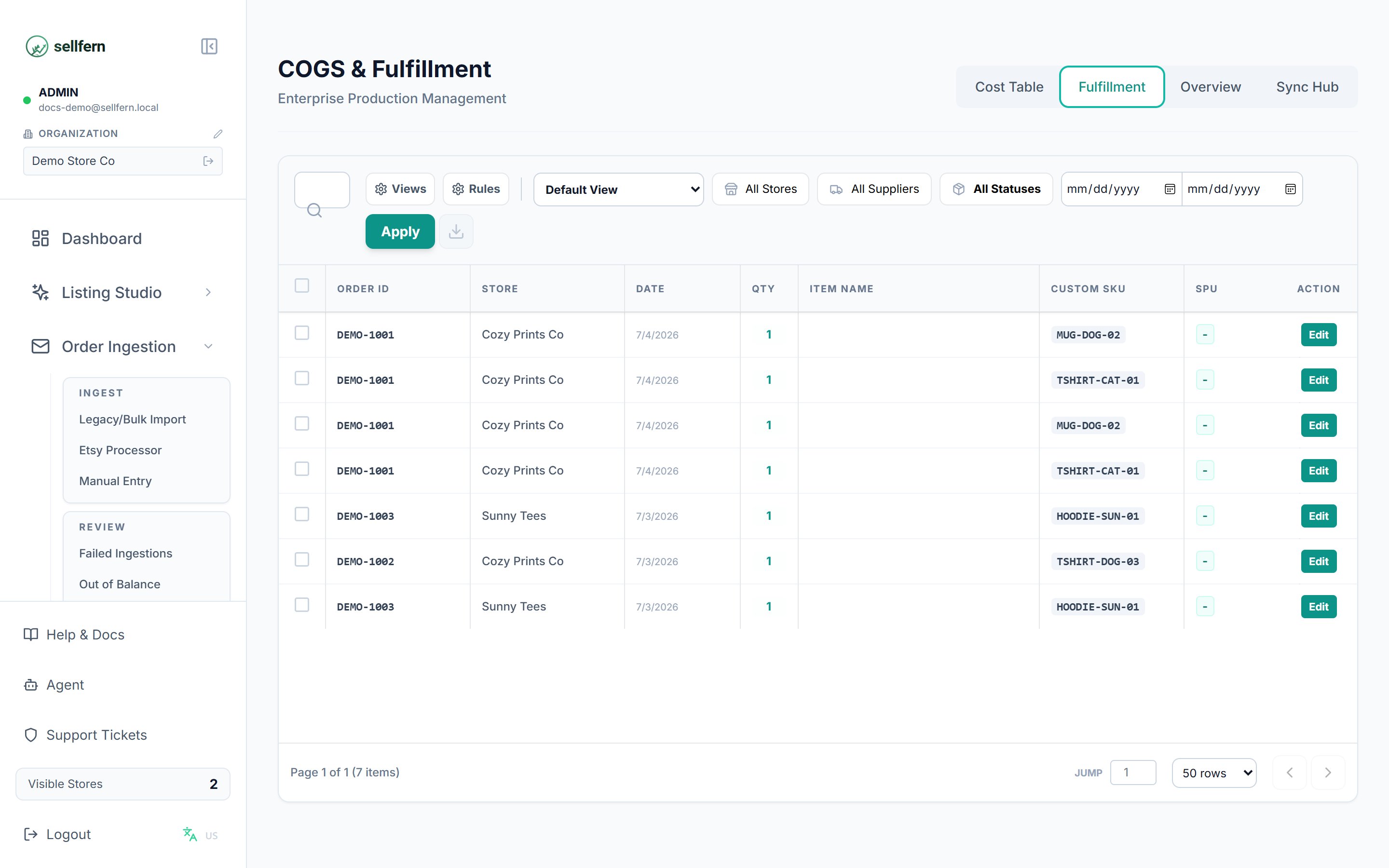 COGS & Fulfillment — Fulfillment tab