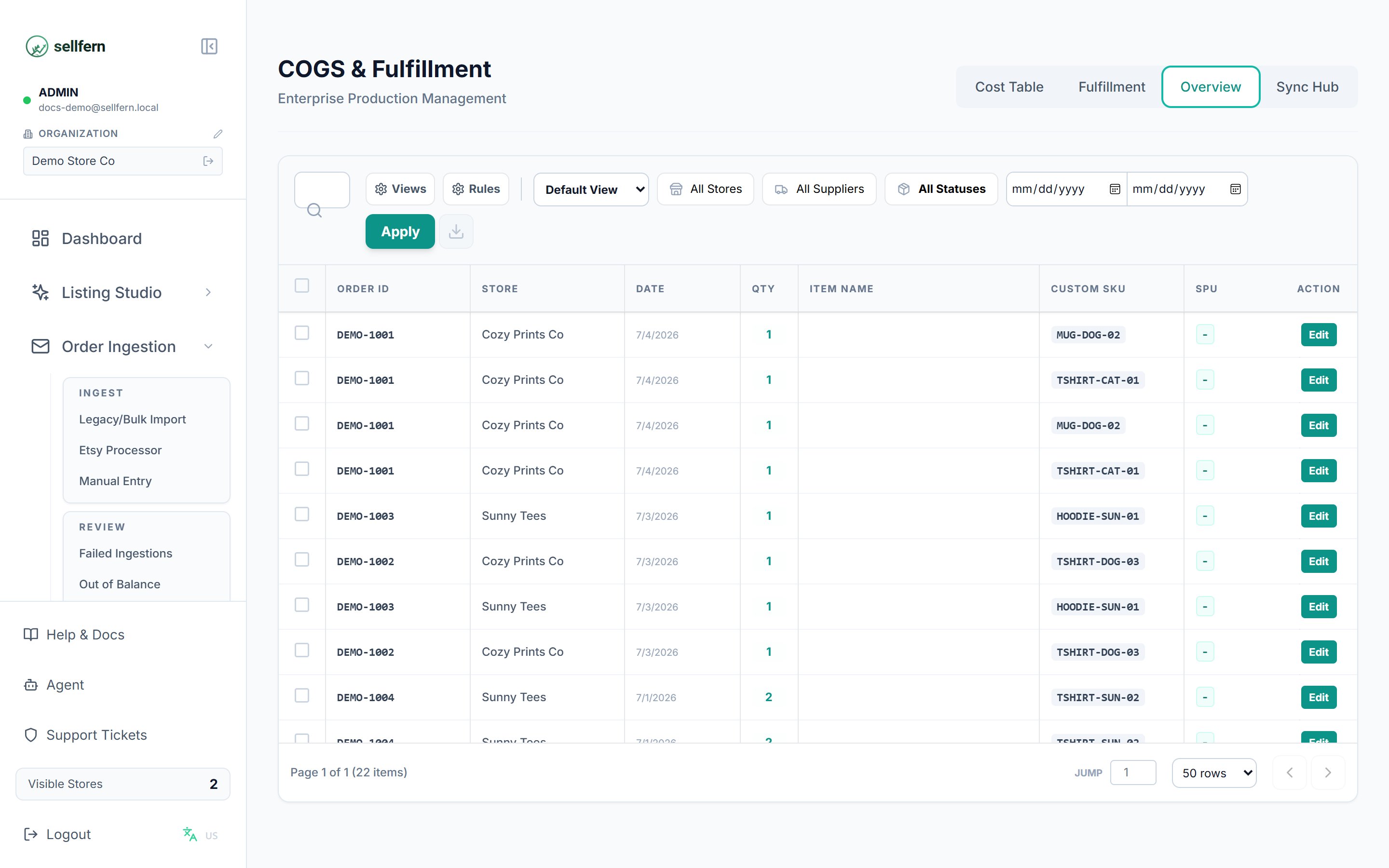 COGS & Fulfillment — Overview tab
