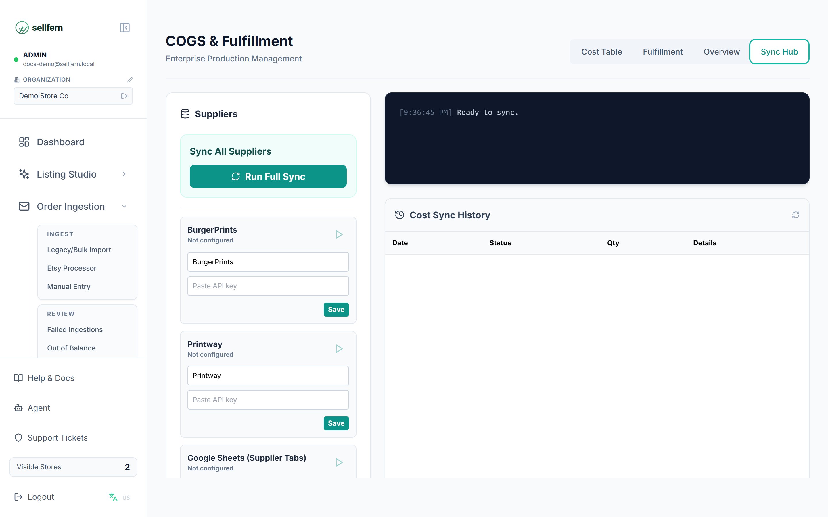 COGS & Fulfillment — Sync Hub tab
