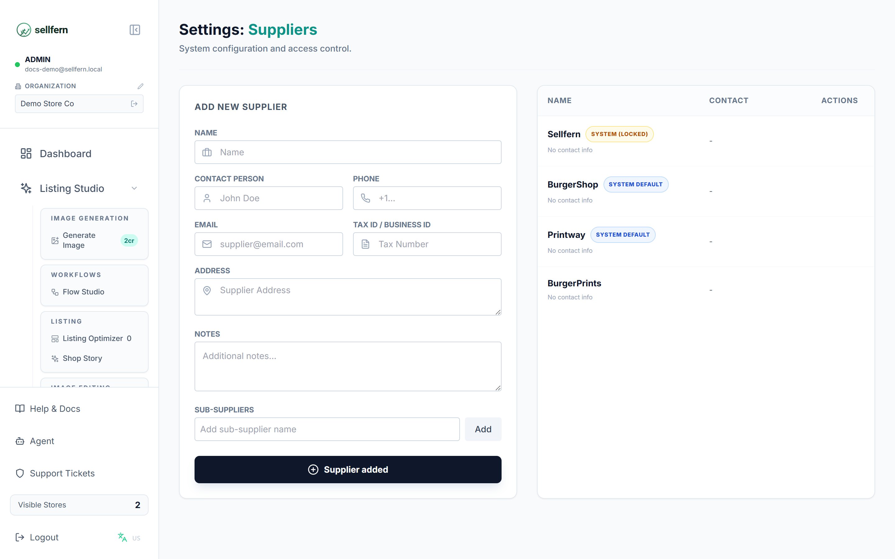 Settings — Suppliers