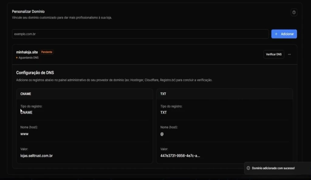 Adicionar domínio e visualizar configuração DNS na SellTrust
