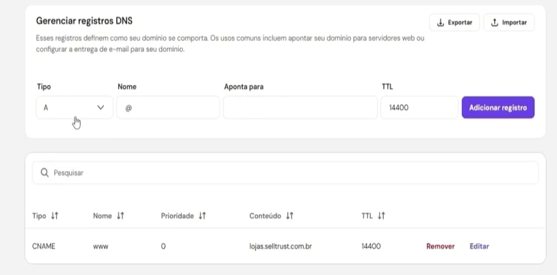 Exemplo de configuração de registro DNS no provedor