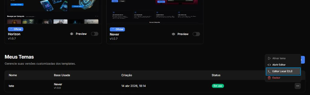 Abrir Editor Local no dashboard